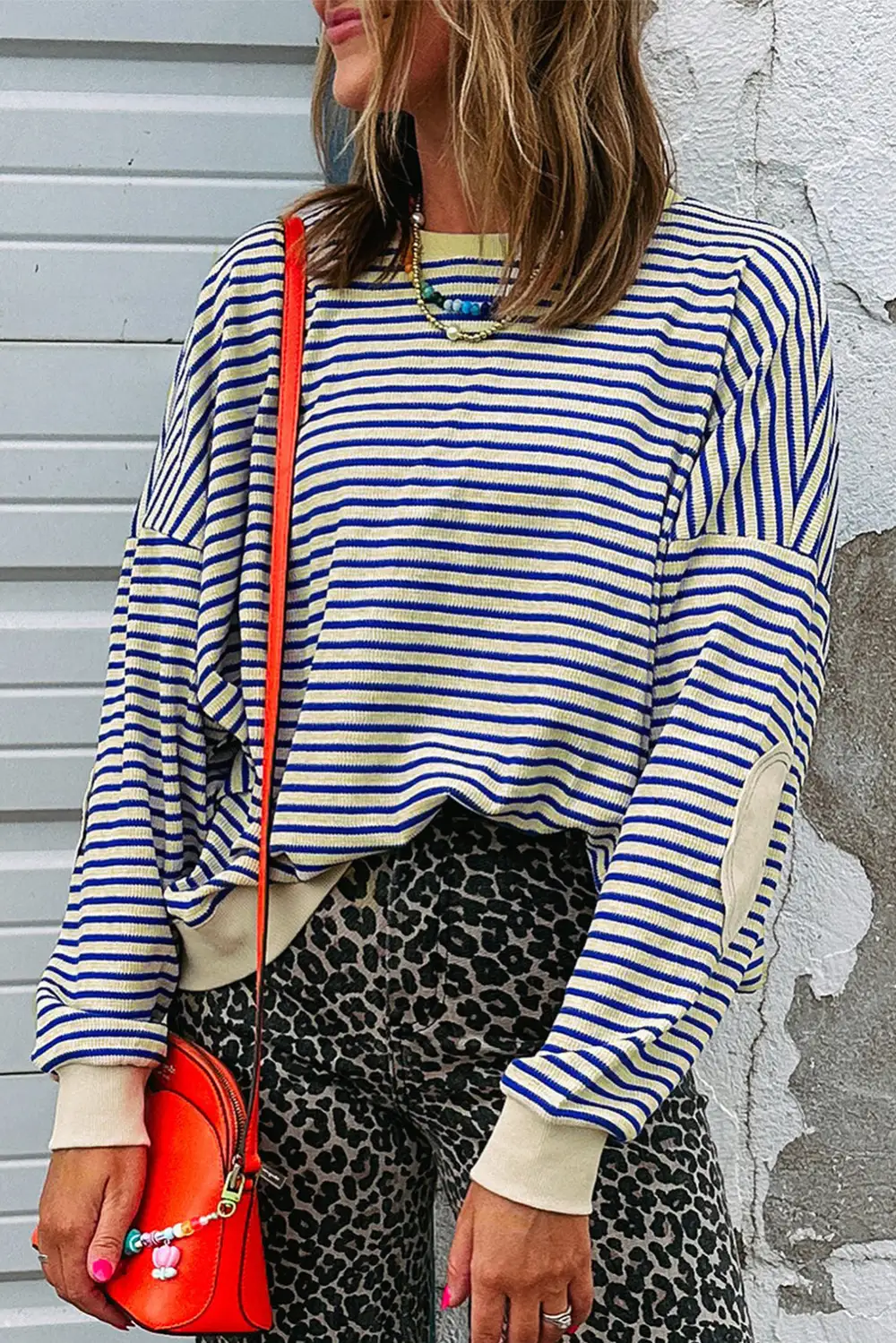 Striped Bow Accent Patchwork Crewneck Sweatshirt