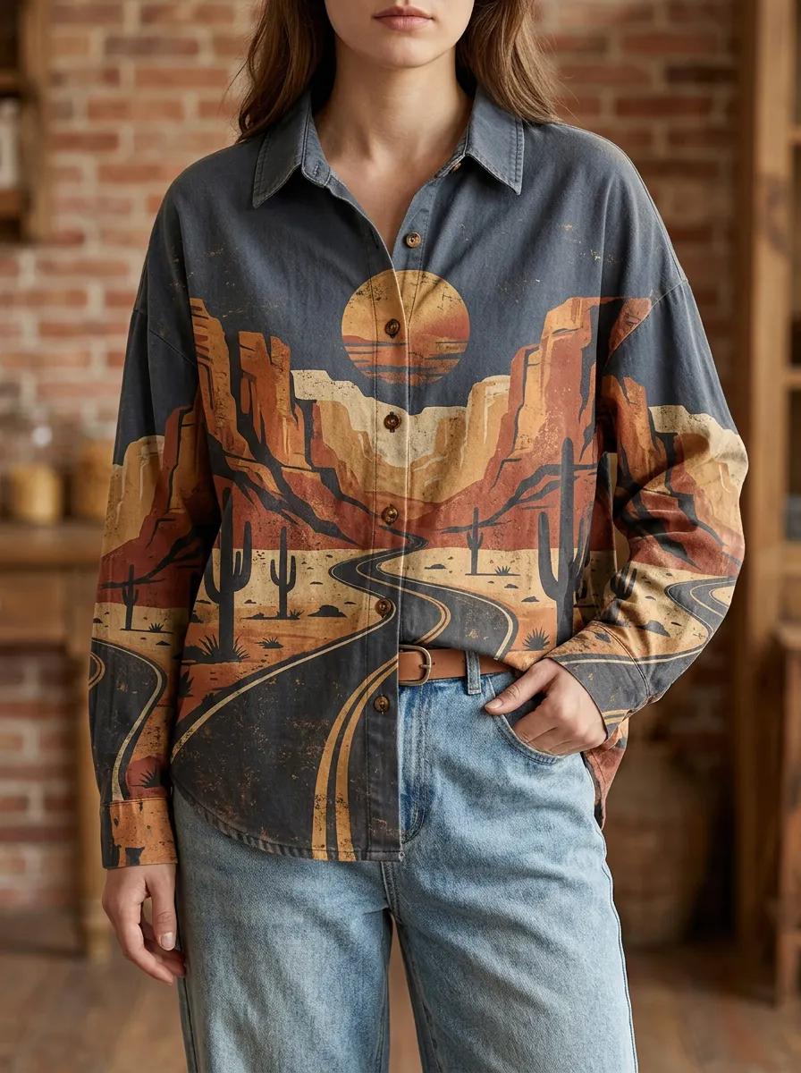 Women's Everyday Desert Road Cactus Sunset Shirt