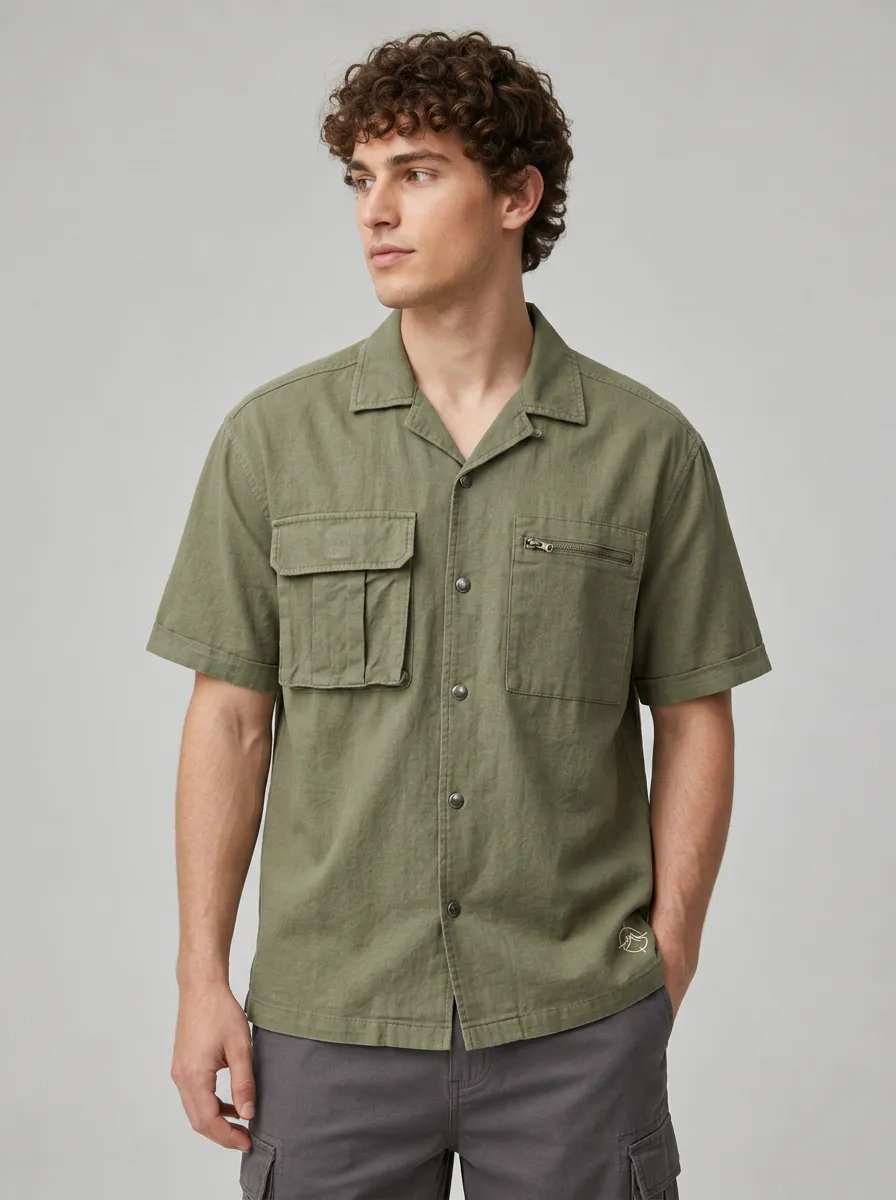 Men's Casual Olive Green Utility Pocket Button-Down Shirt