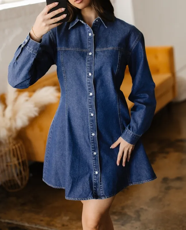 Denim Shirt-Collar Long-Sleeve Flared Mini Dress