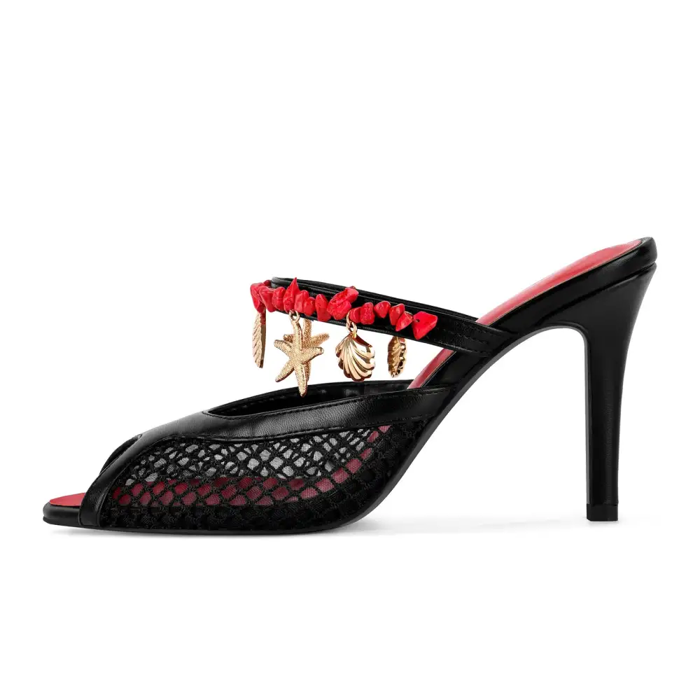 Peep Toe Mesh Ocean Pendant Mule Sandals