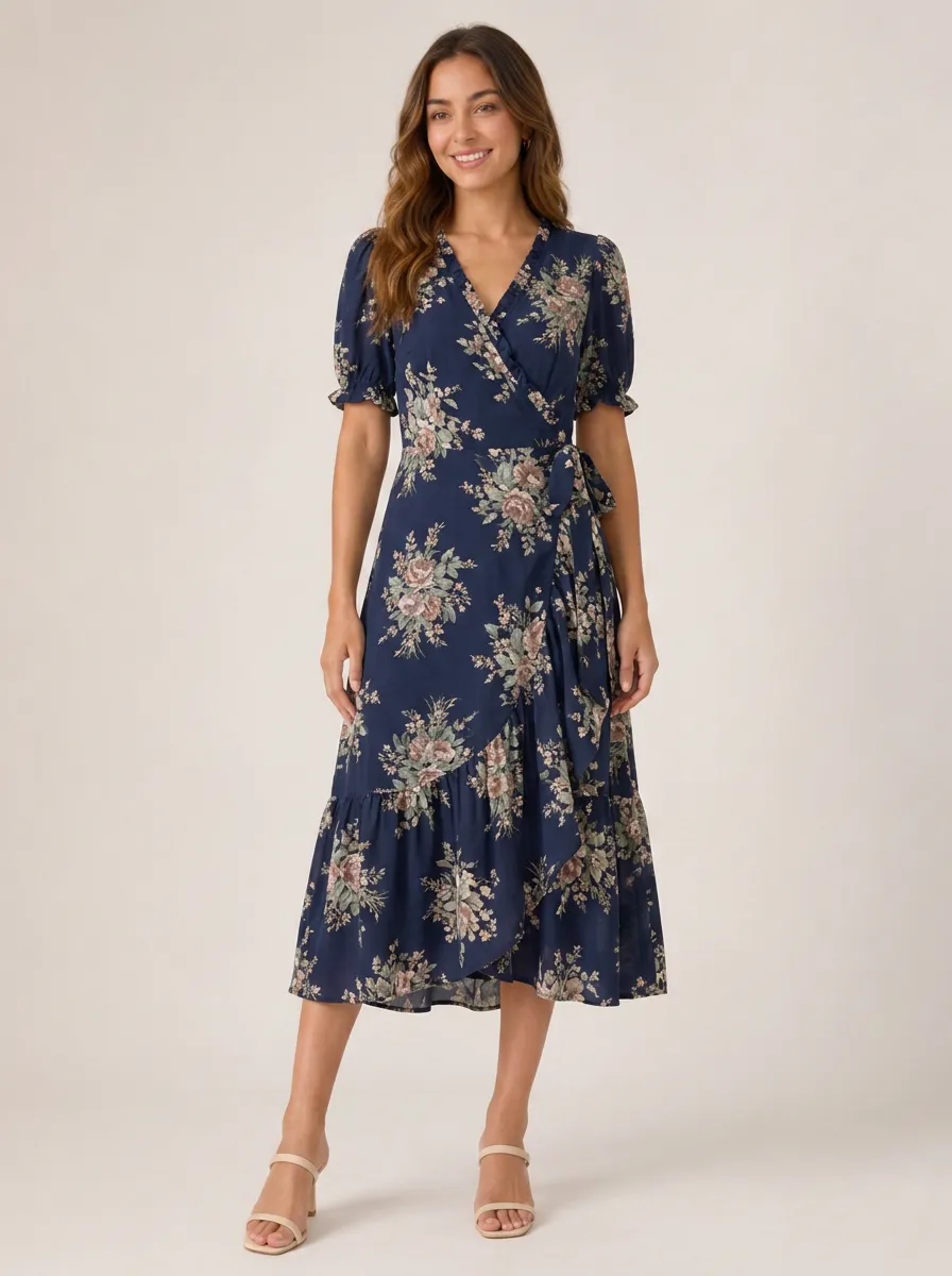 Women's Vintage Floral Navy Blue Printed Wrap Dress