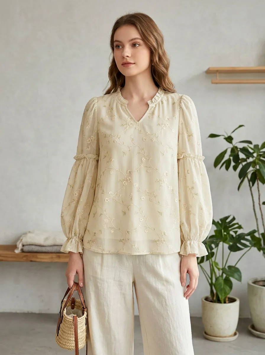 Vintage-Inspired Embroidered Floral Women's Puff-Sleeve Blouse