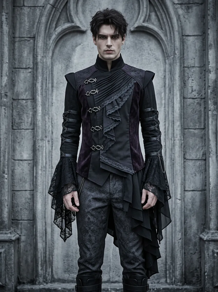 Heritage Victorian Lace Ruffle Victorian Look Men's Gothic Asymmetric Shirt