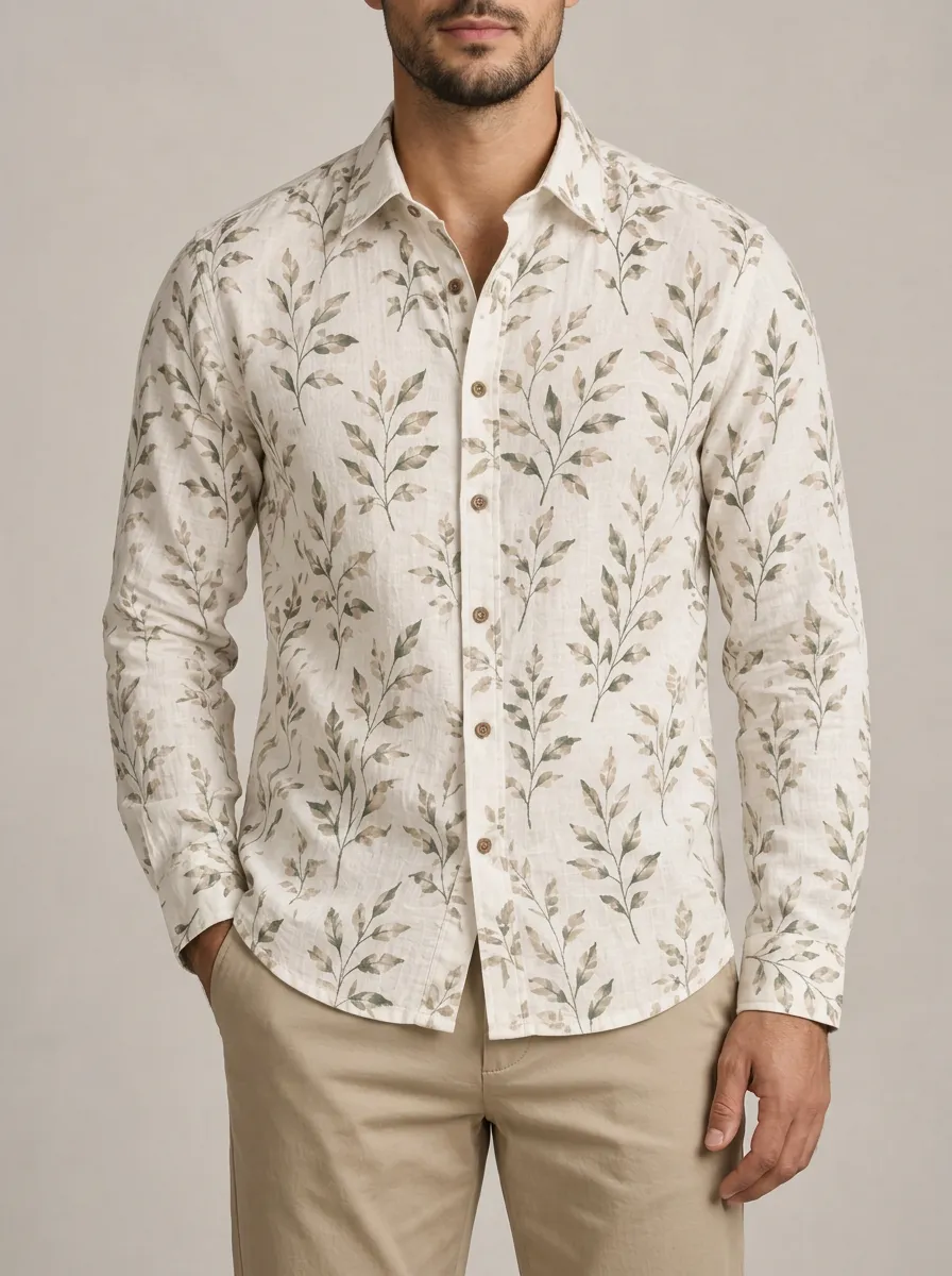 Men's Botanical Nature Printed Long Sleeve Shirt