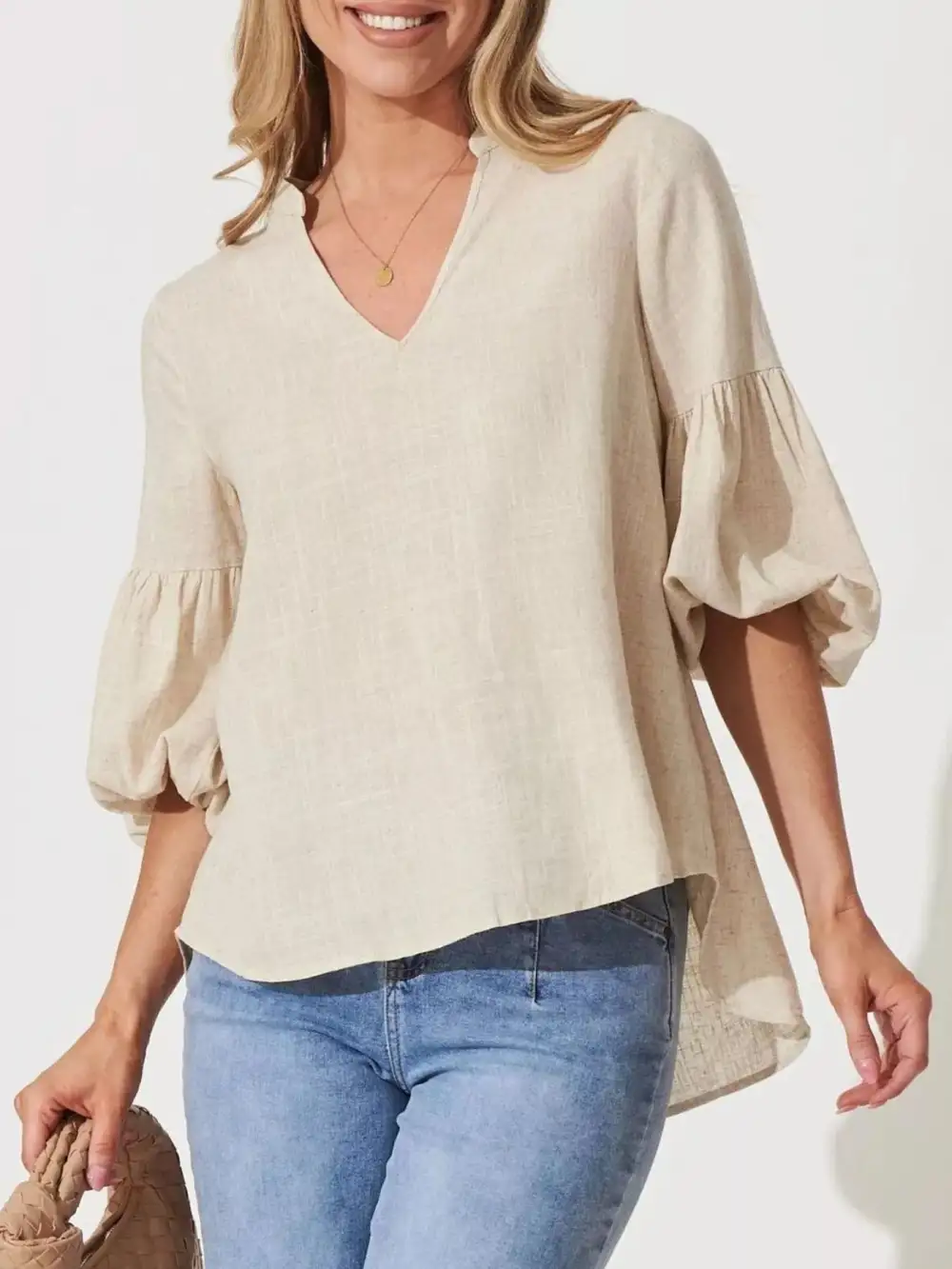 Notched-Neck Balloon-Sleeve Blouse