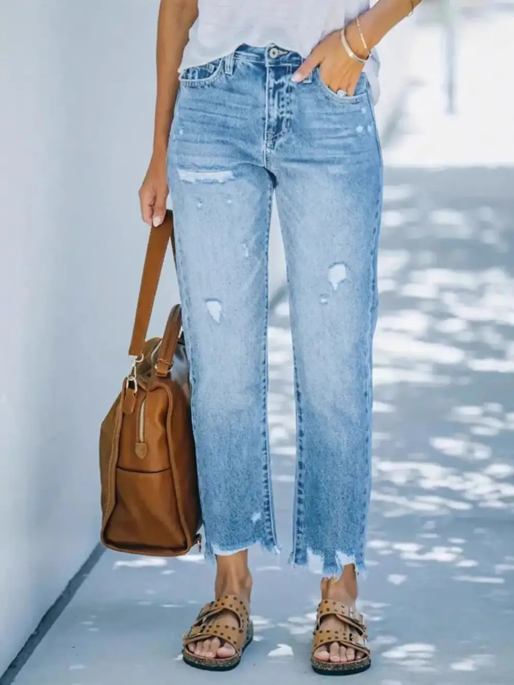 Soft Straight Leg Distressed Denim Jeans