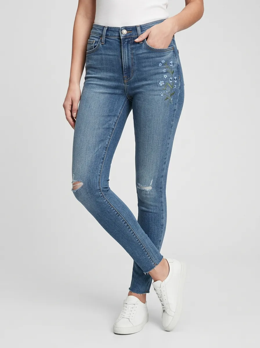 Women's Ridge Floral Embroidered Distressed Graphic Slim Jeans