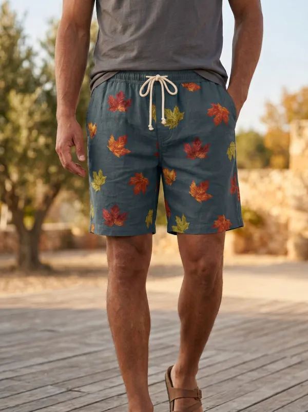 Amber Maple Leaf Print Drawstring Drawstring Shorts