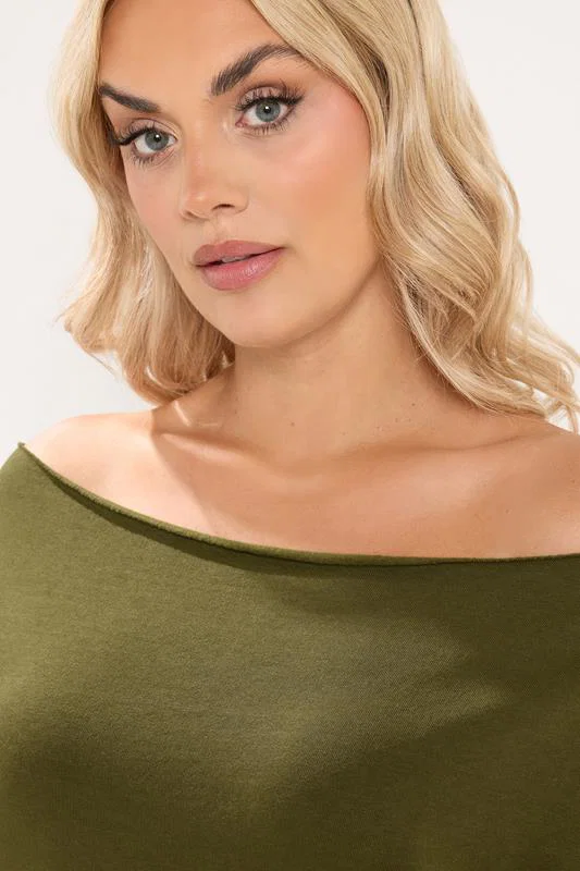 Olive Green Off Shoulder Sweatshirt & Jogger Wide Leg Set detail 2