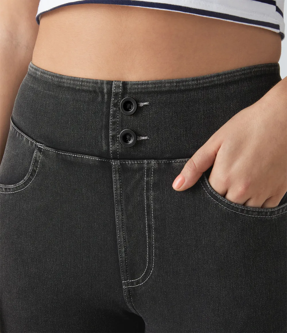 Magic Curvy High Waisted Decorative Button Multiple Pockets Stretchy Knit Denim Casual 7/8 Leggings