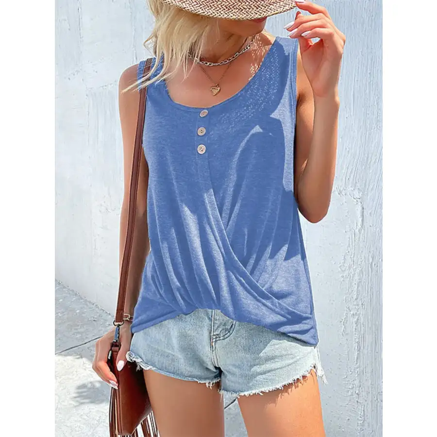Full Size Decorative Button Round Neck Tank