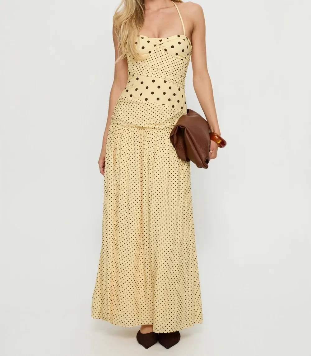 Lemon and Brown Polka Dot Halter Maxi Dress