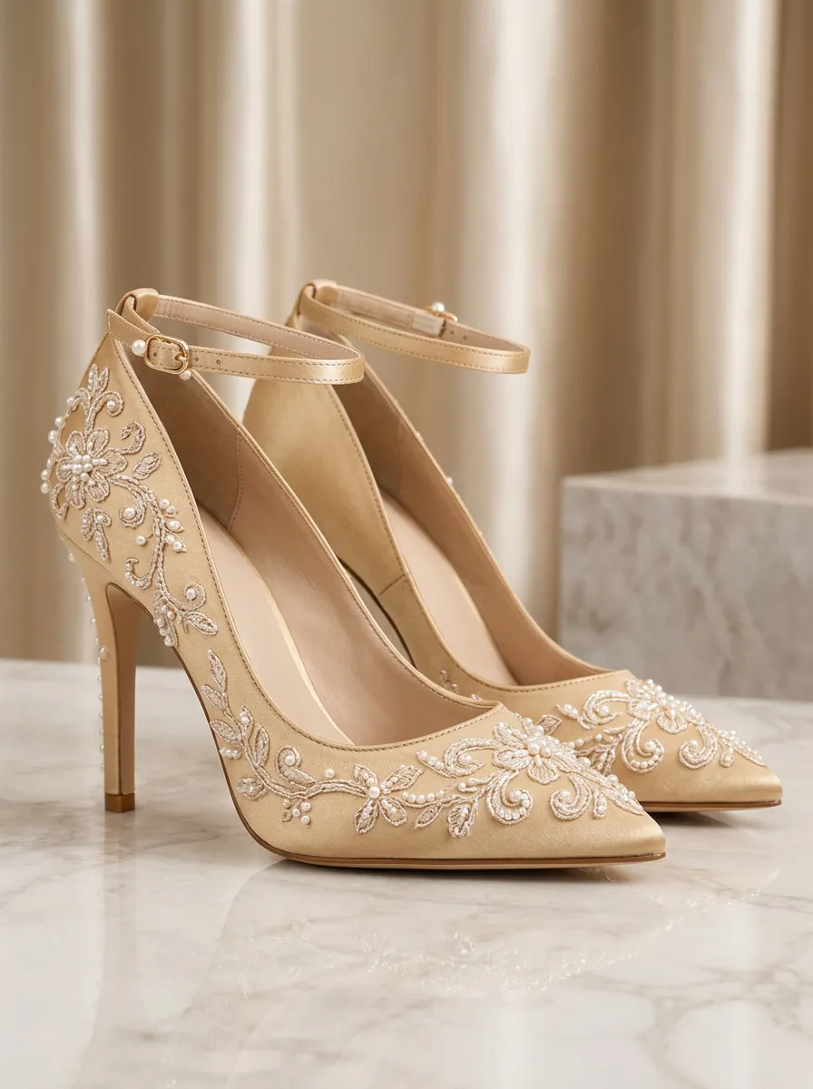 Pearl Floral Embroidered Buckle-Strap Women's Formal High Heels