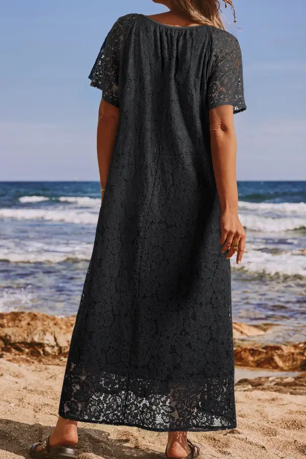 Floral Lace Overlay Tassel Tie Short Sleeve Beach Vacation