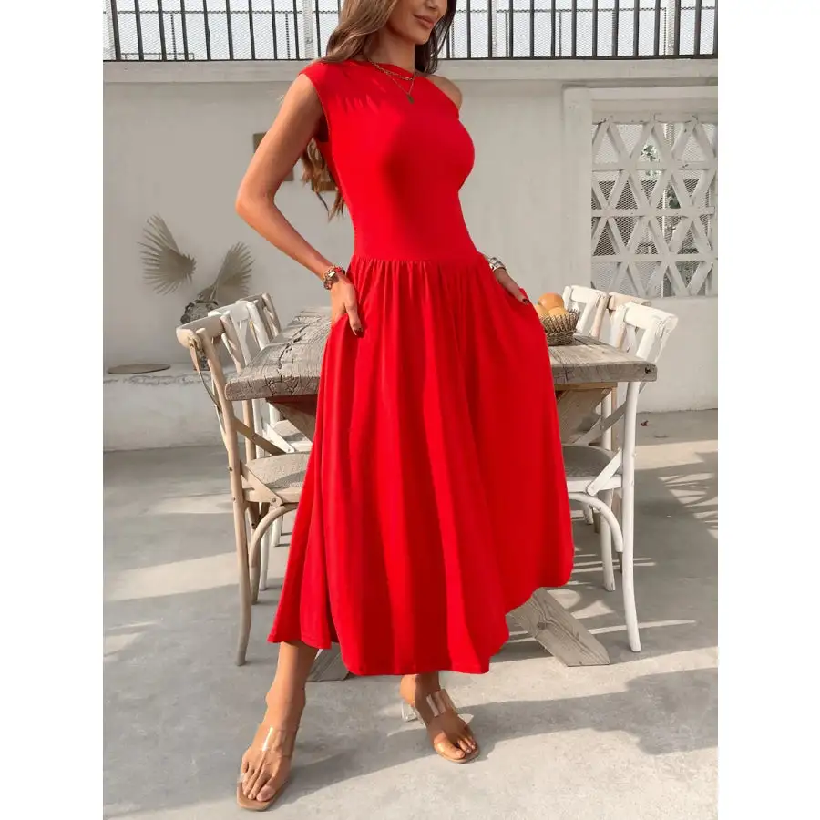 Single Shoulder Midi Dress with Pockets