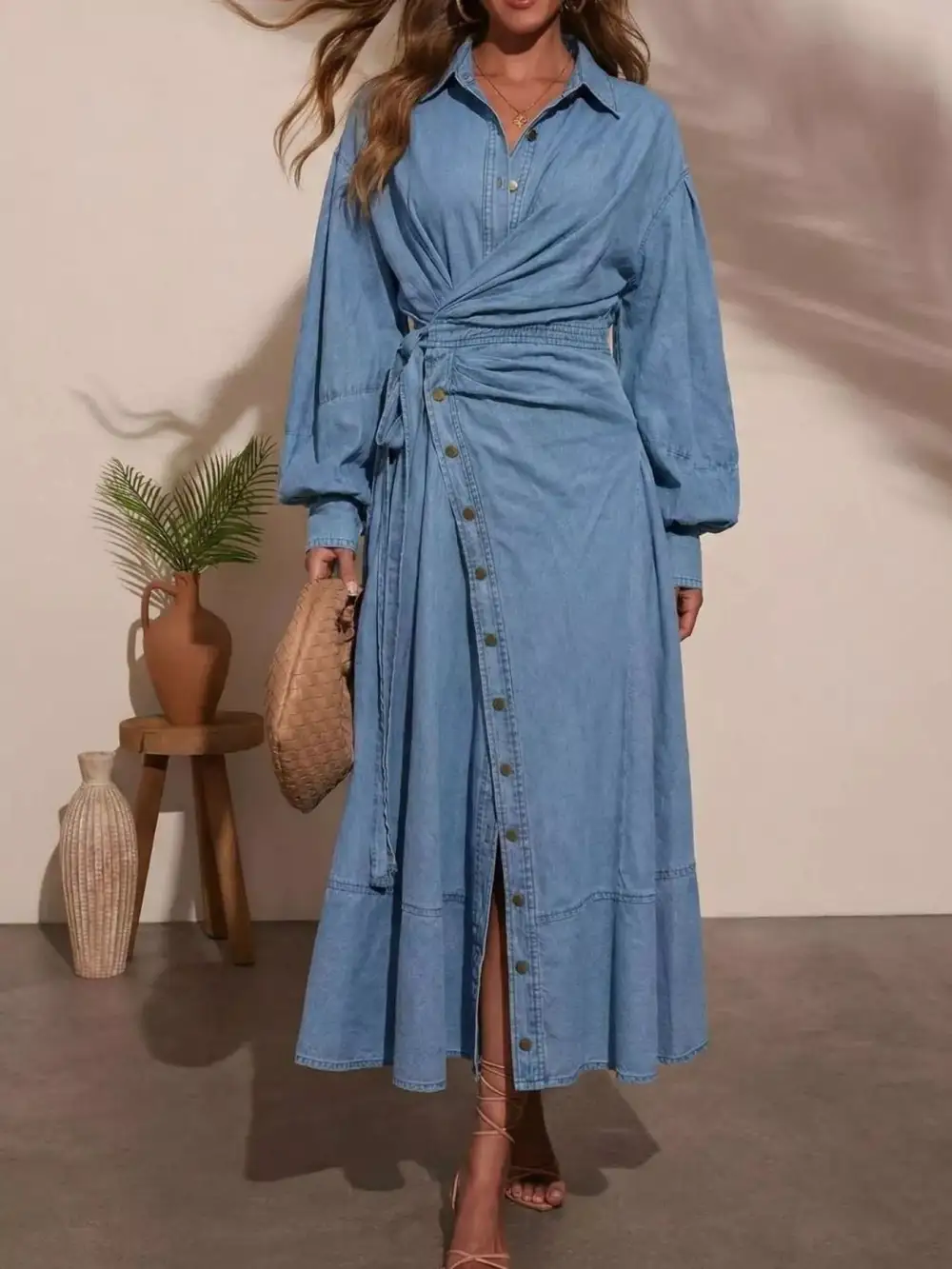 Wrap Front Long Sleeve Belted Denim Dress