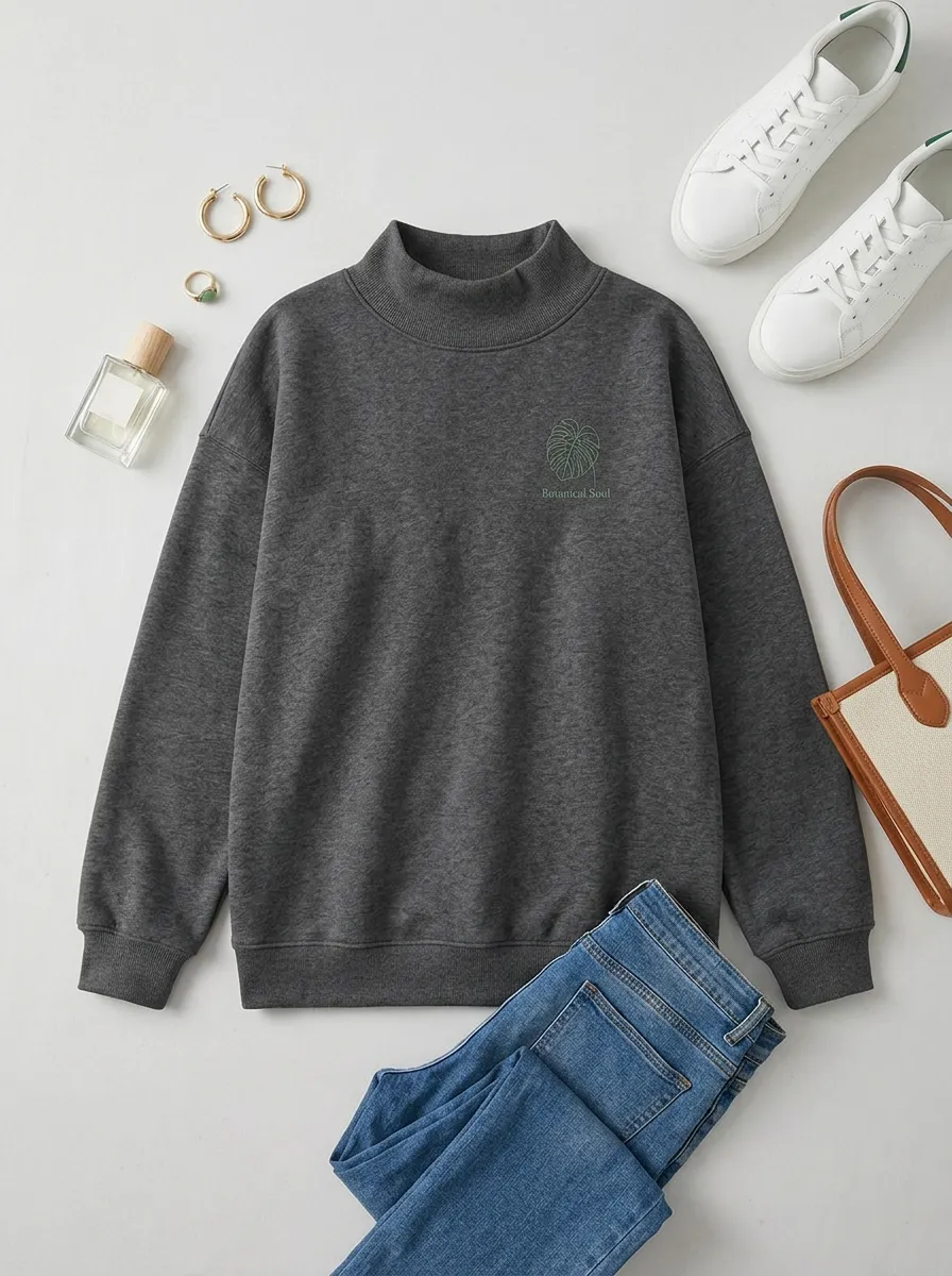 Women's Botanical Soul Monstera Leaf Printed Mock Neck Sweatshirt