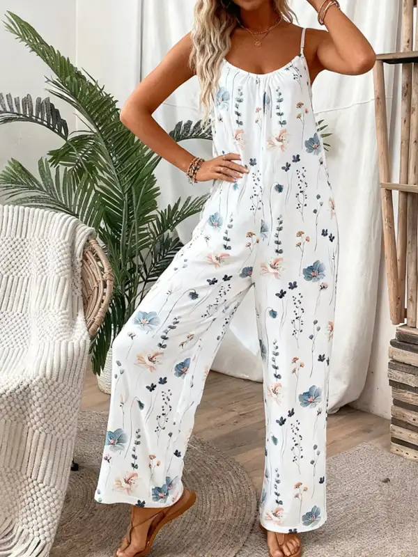 Floral Print Spaghetti Strap Casual Jumpsuit Accessory