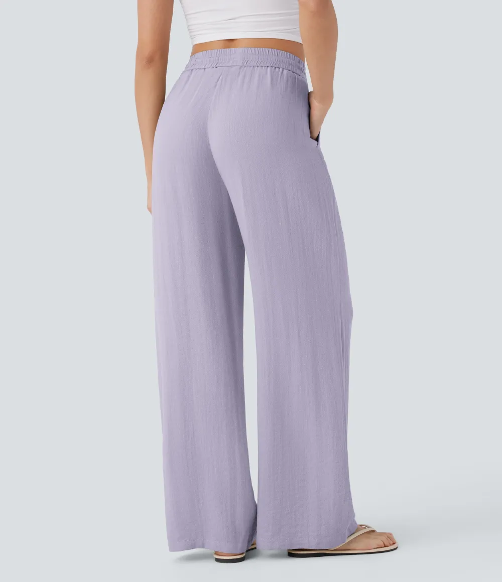 2026🔥  High Waisted Drawstring Pocket Wide Leg Casual Linen-Feel Pants