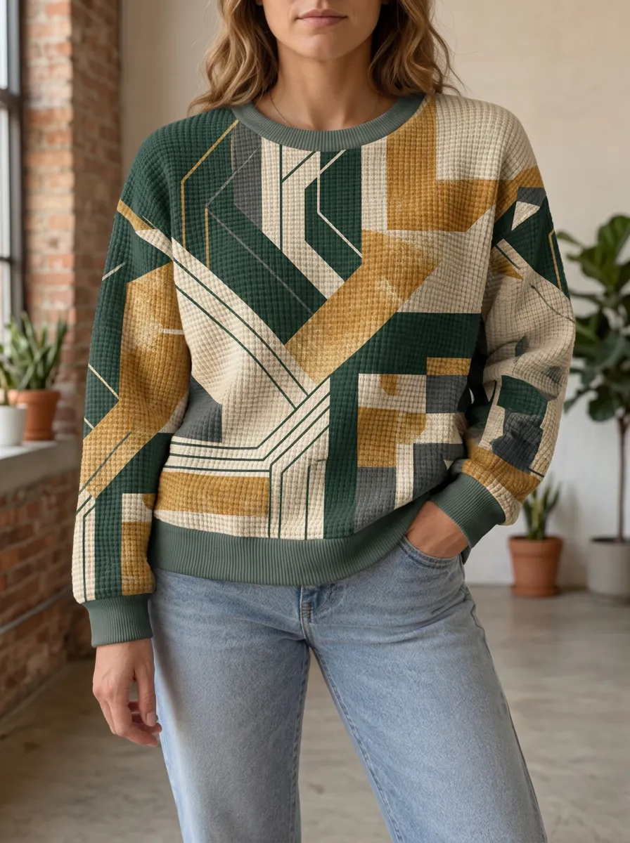 Women's Geometric Pattern Waffle Knit Printed Sweatshirt