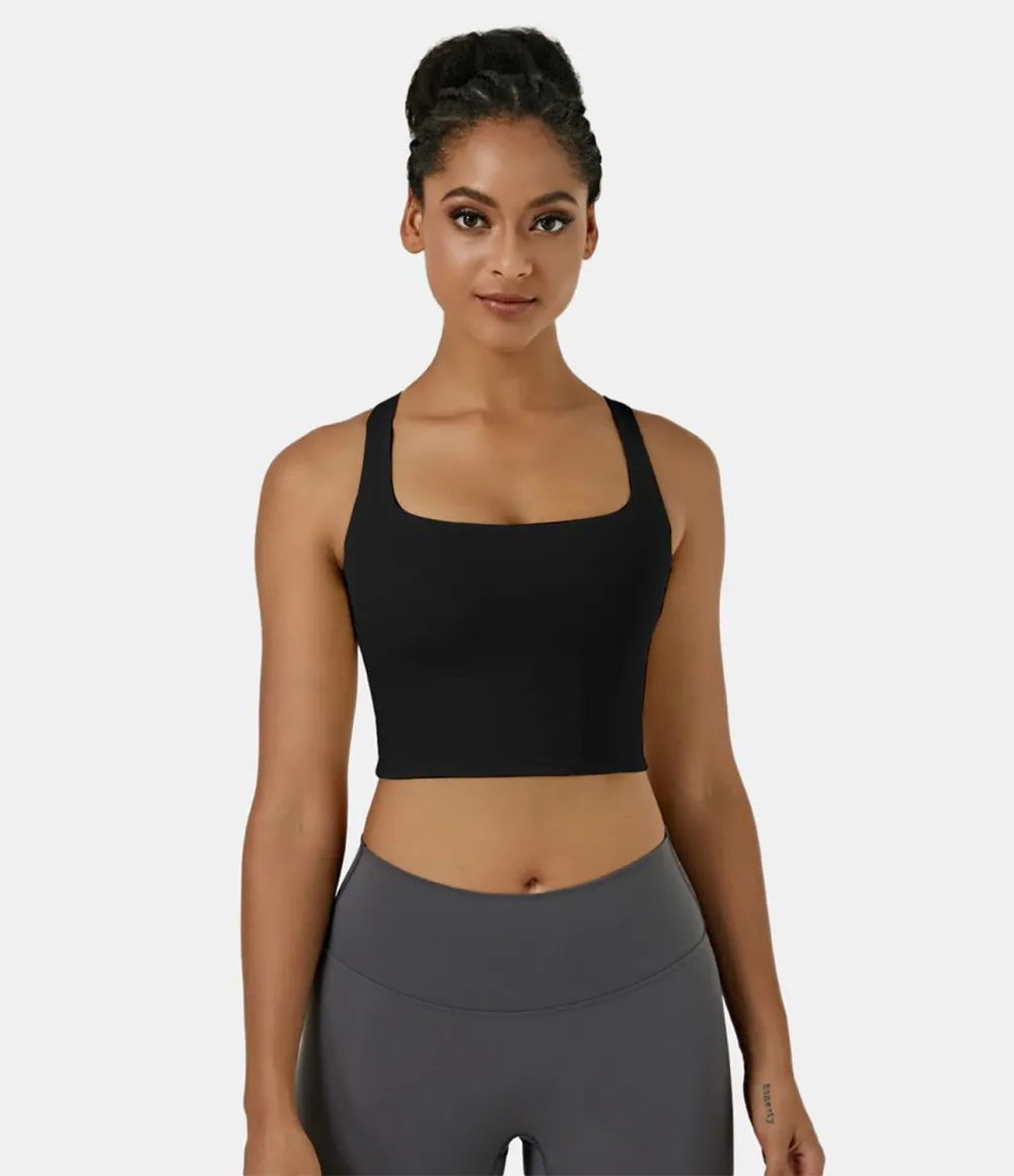 Softlyzero Airy Square Neck Backless Crisscross Cropped Cool Touch Yoga Tank Top-UPF50+