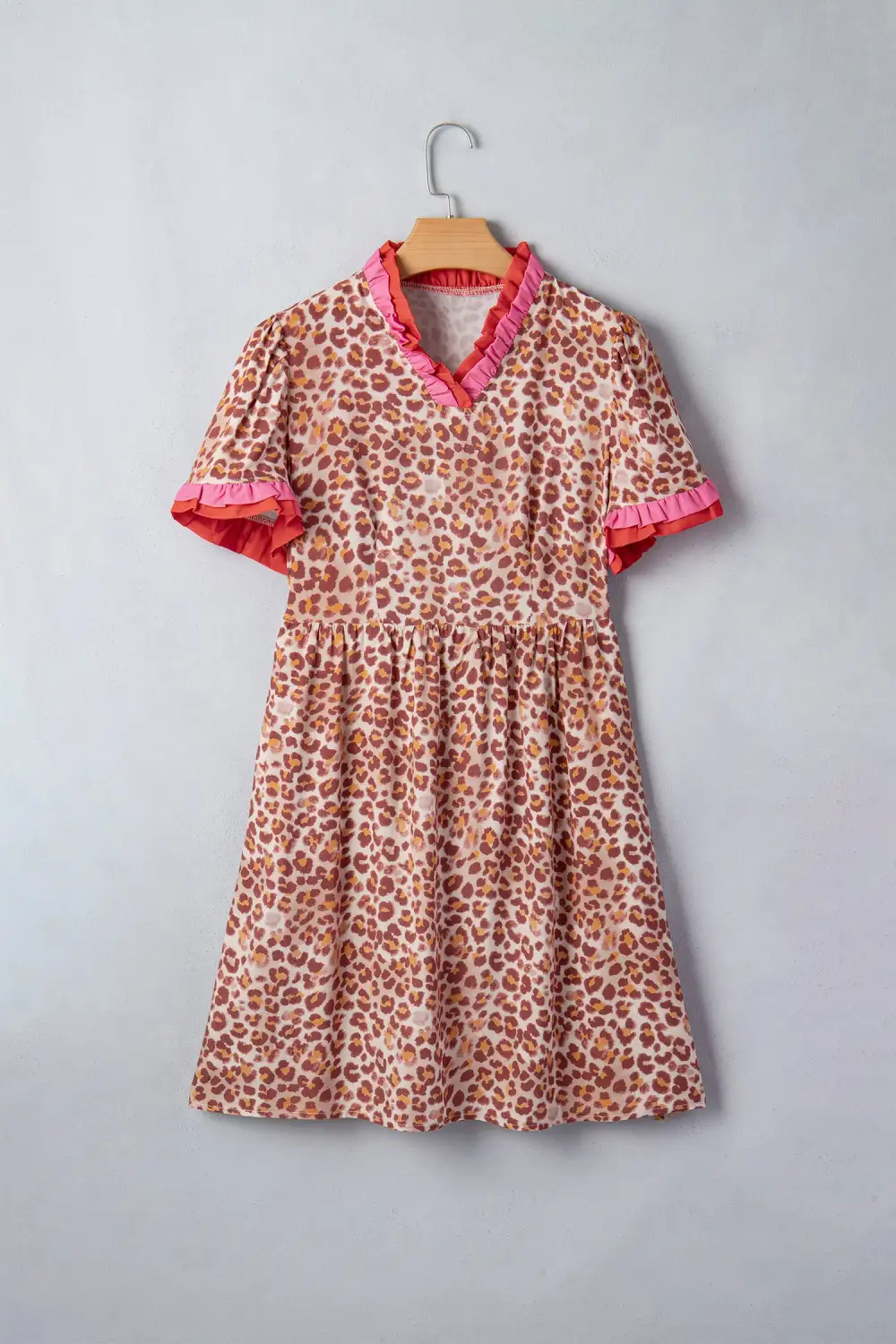 Leopard High Waist Ruffled Colorblock Trim Short Dress
