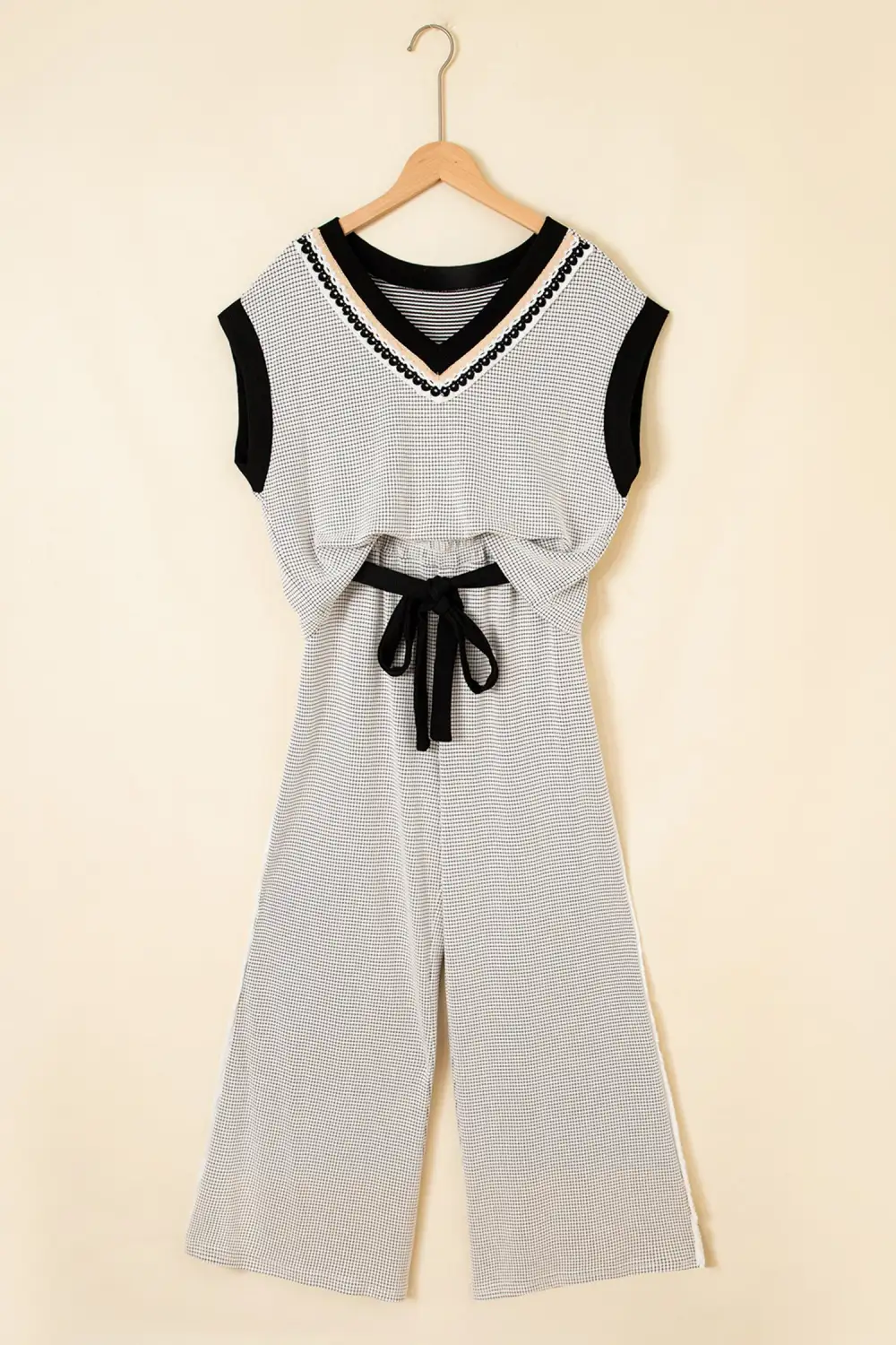 Women's Stylish Knit Lace Colorblock Trim V Neck Tank Drawstring Wide Leg Pants Set