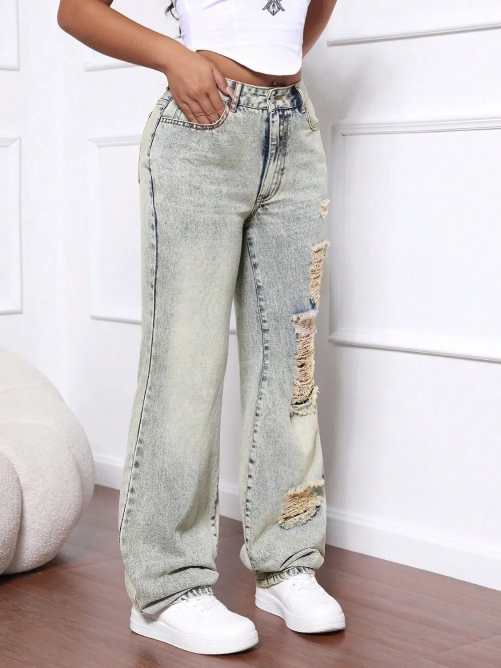 Versatile High Waist Distressed Denim Jeans