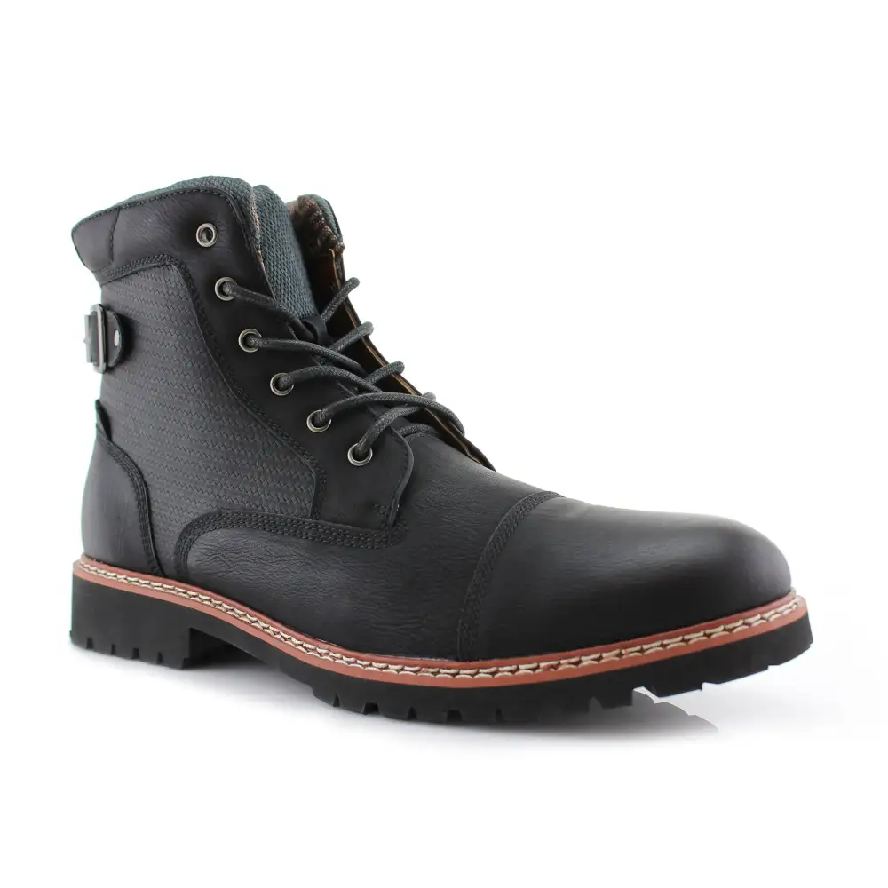 Faux-Leather Burnished Lace-Up Combat Boots