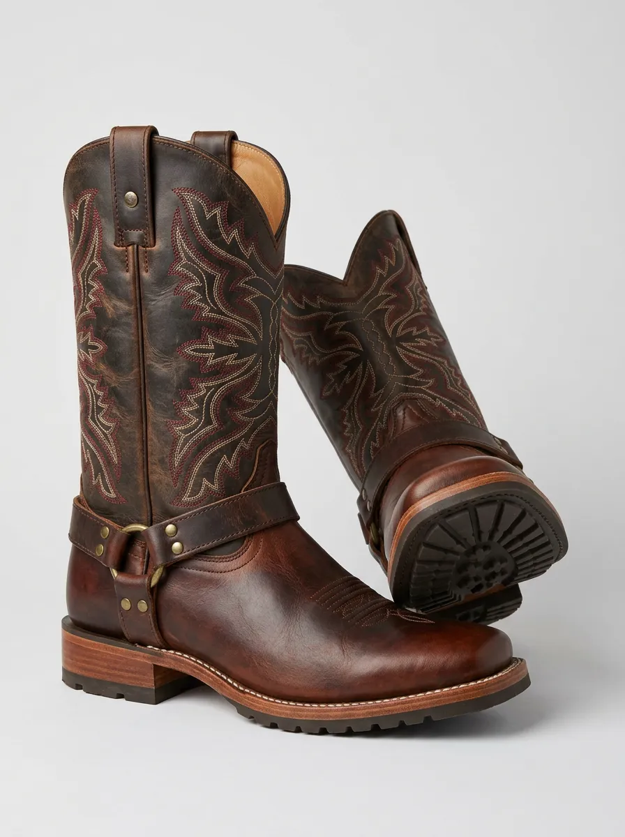 Men's Western Cowboy Embroidered Harness Printed Cowboy Boots