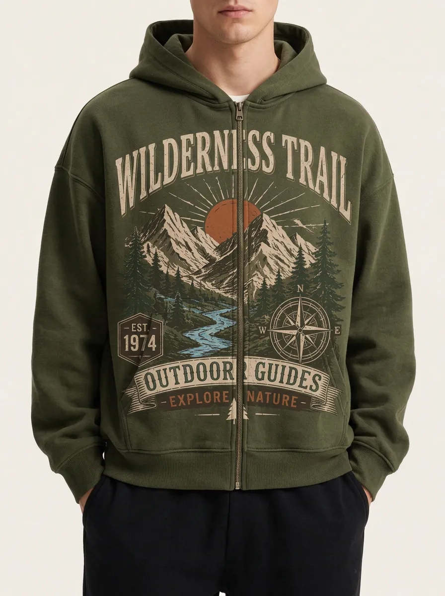 Men's Wilderness Trail Outdoor Guide Mountain Printed Zip Hoodie