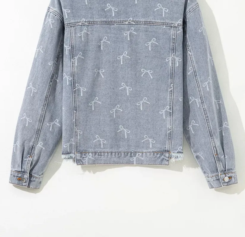 Bow Knot Print Light Wash Raw-Hem Denim Jacket