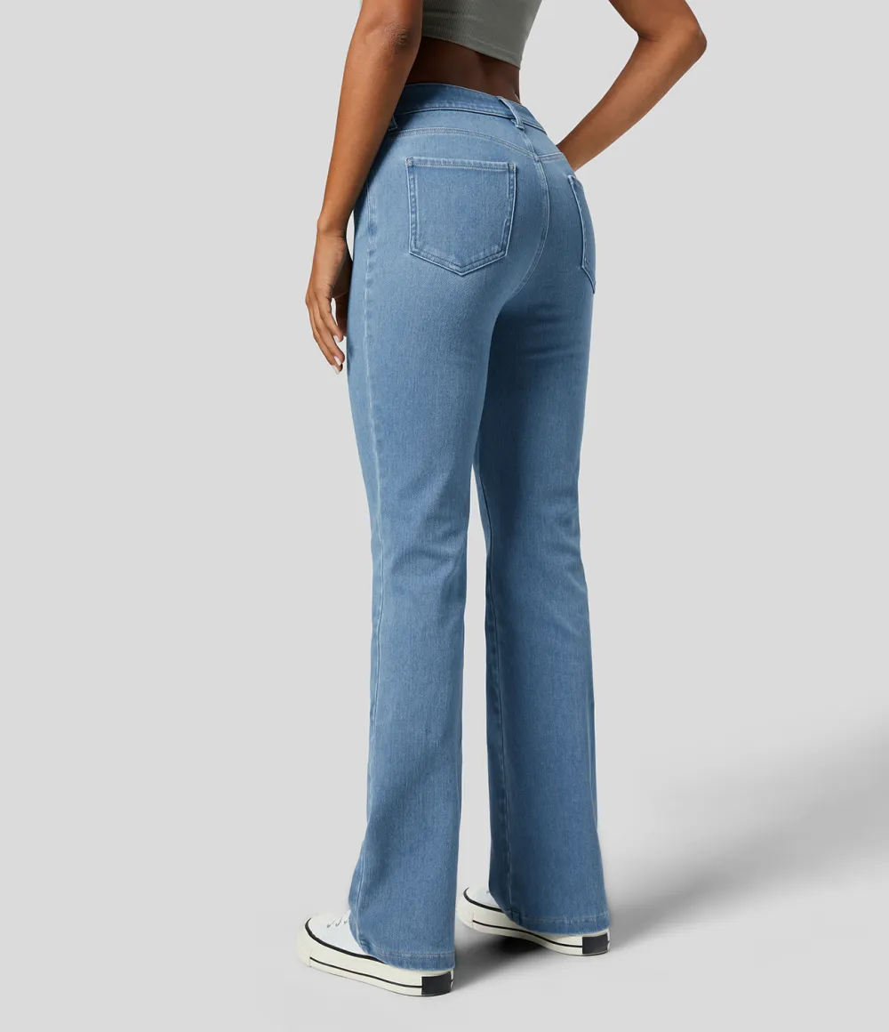Magic Mid Rise Button Pockets Stretchy Knit Casual Bootcut Jeans