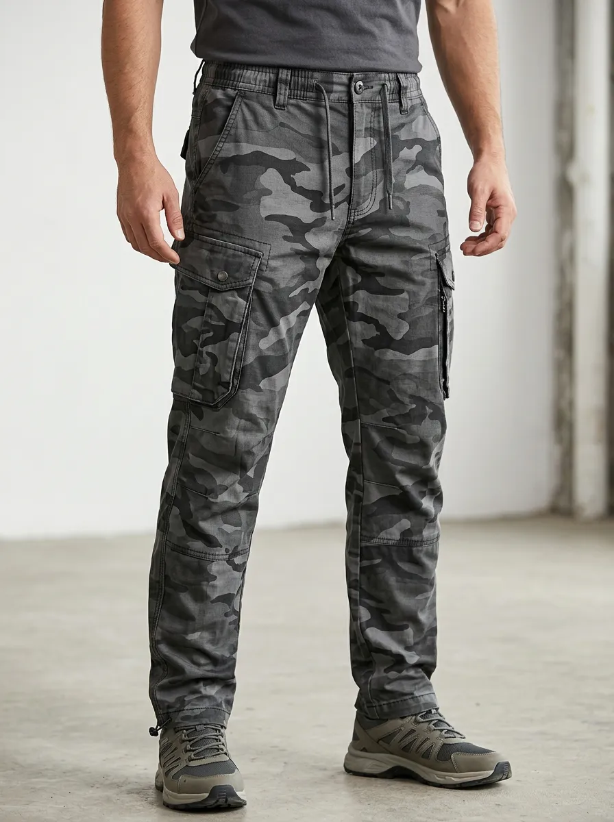Men's Tactical Outdoor Grey Camouflage Printed Cargo Pants