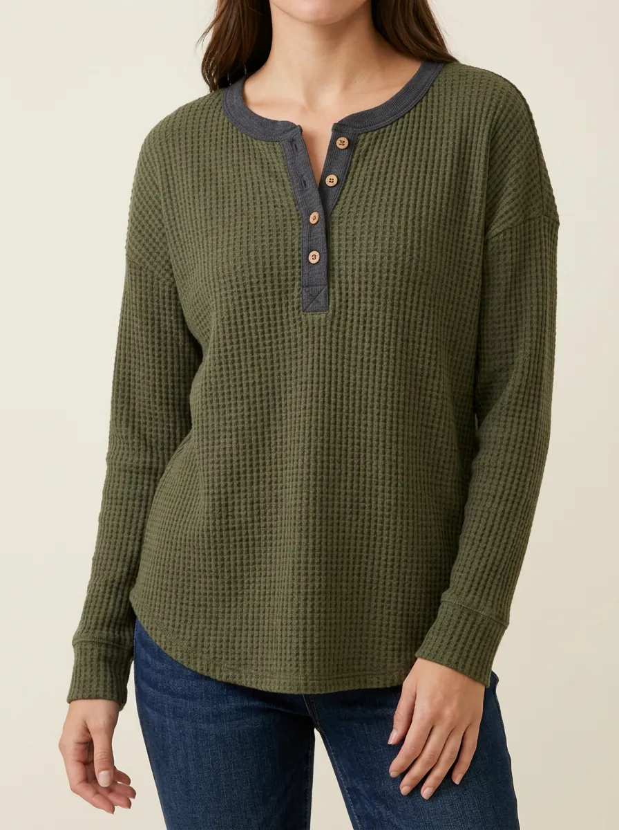Casual Utility Waffle Knit Button Down Henley Top