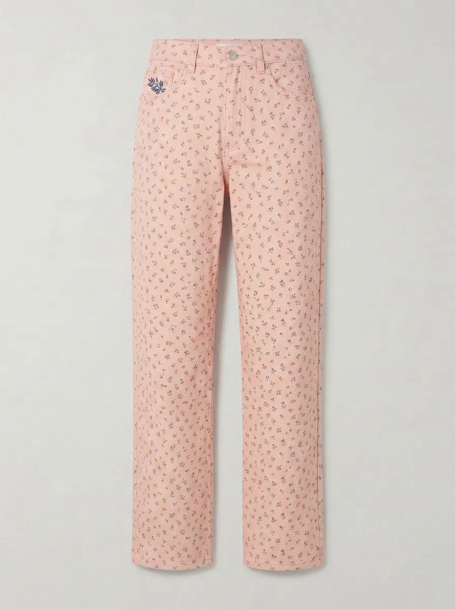 Women's Floral Pattern Cream Mid-Rise Straight Leg Pants