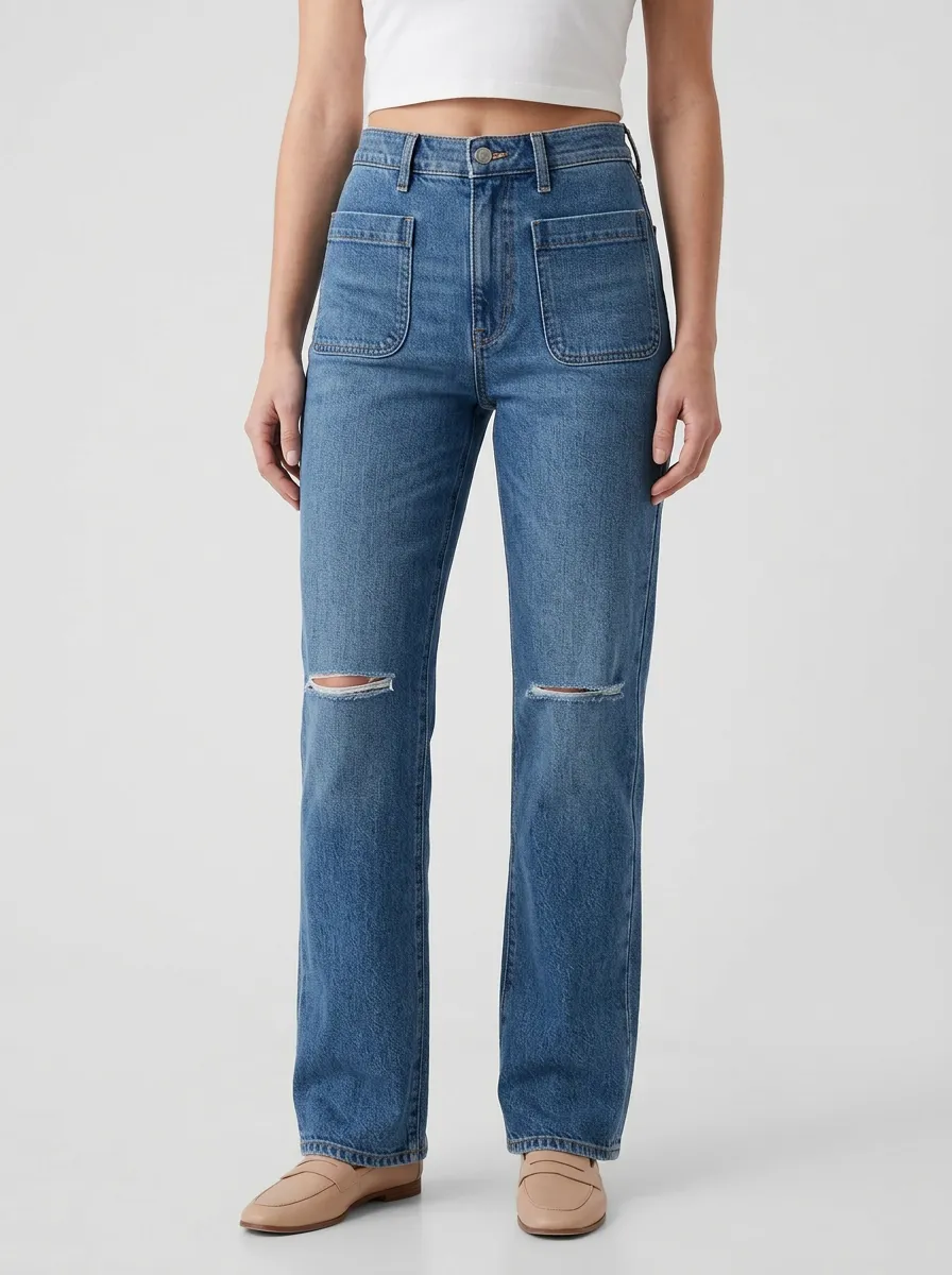 Women's Square Patch-Pocket Horizontal-Knee Cutout High-Rise Straight-Leg Jeans