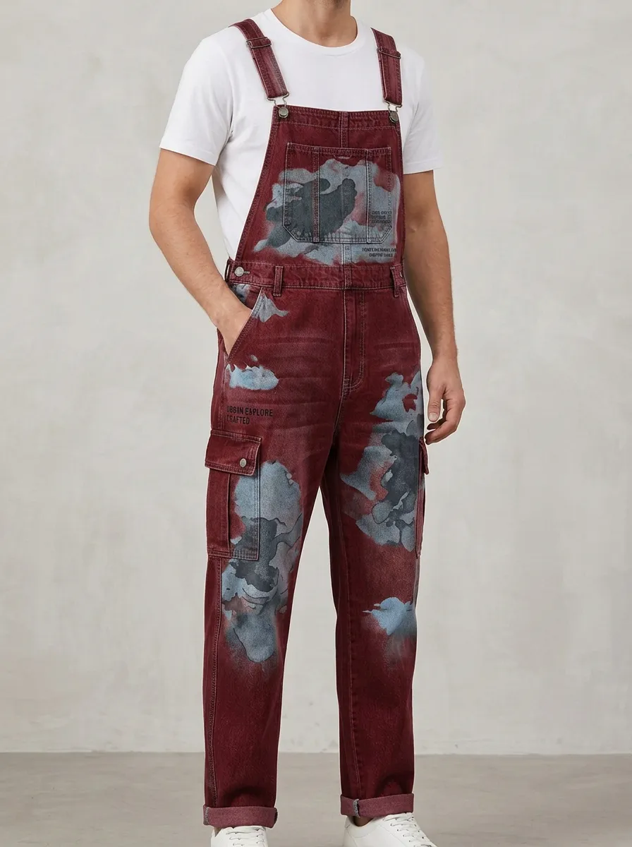 Print Denim Cargo Overalls