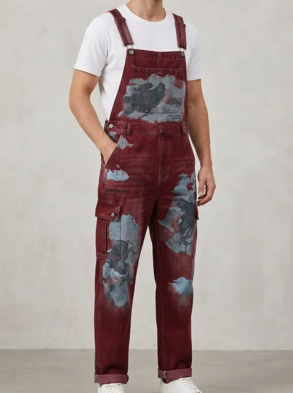 Print Denim Cargo Overalls