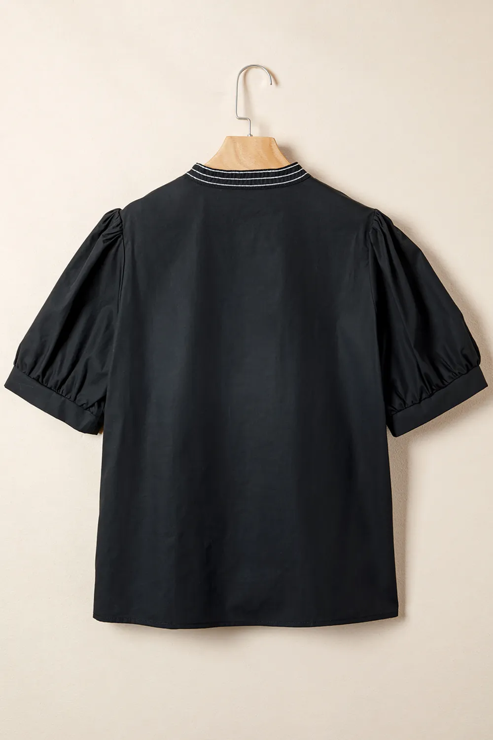 Black Short Puff Sleeve Contrast Blouse