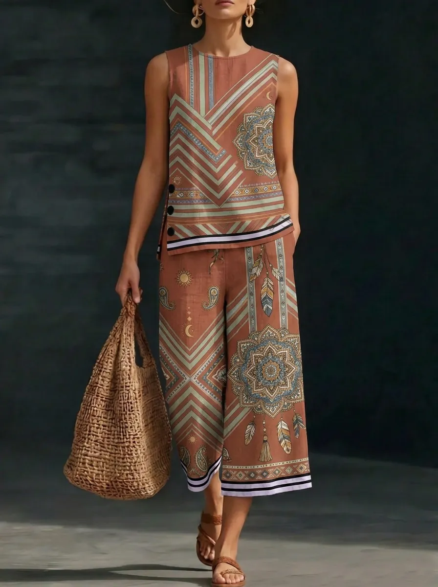 Women's Boho Mandala Feather Printed Sleeveless Set