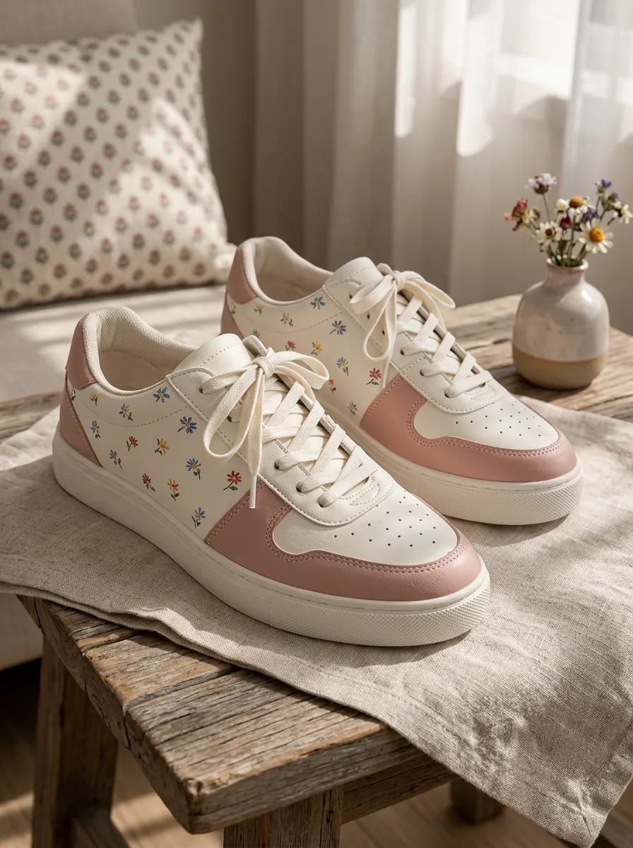 Women's Floral Pattern Pink Trim Printed Sneakers