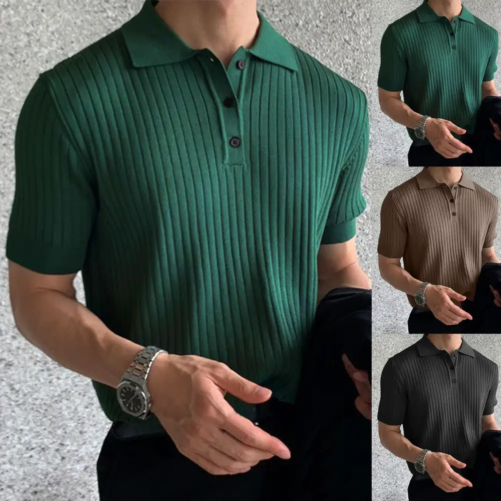 Sporty Ribbed Short Sleeve Fine Knit Polo Shirt