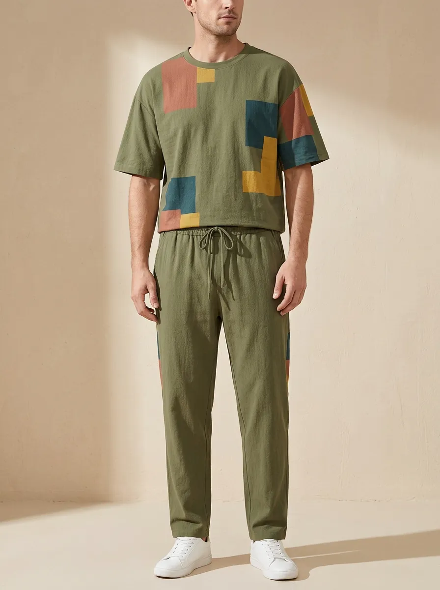Men's Geometric Color Block Printed Casual Lounge Set