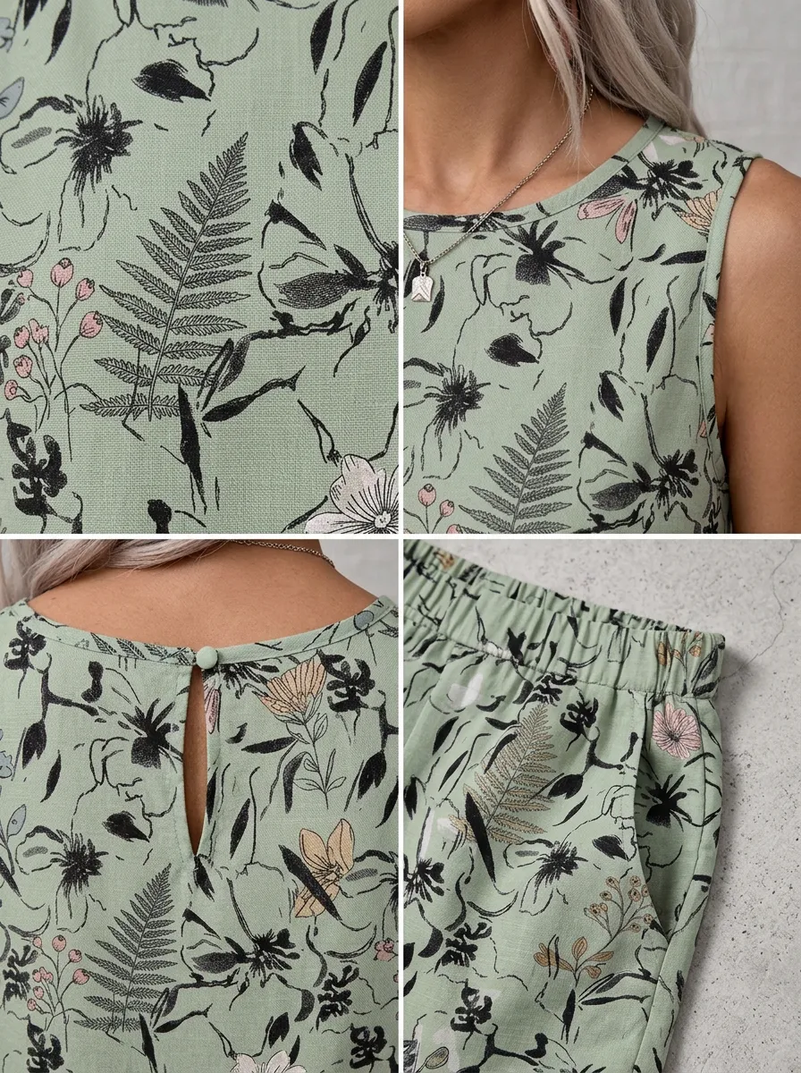 Women's Botanical Floral Sage Green Printed Sleeveless Shorts Set