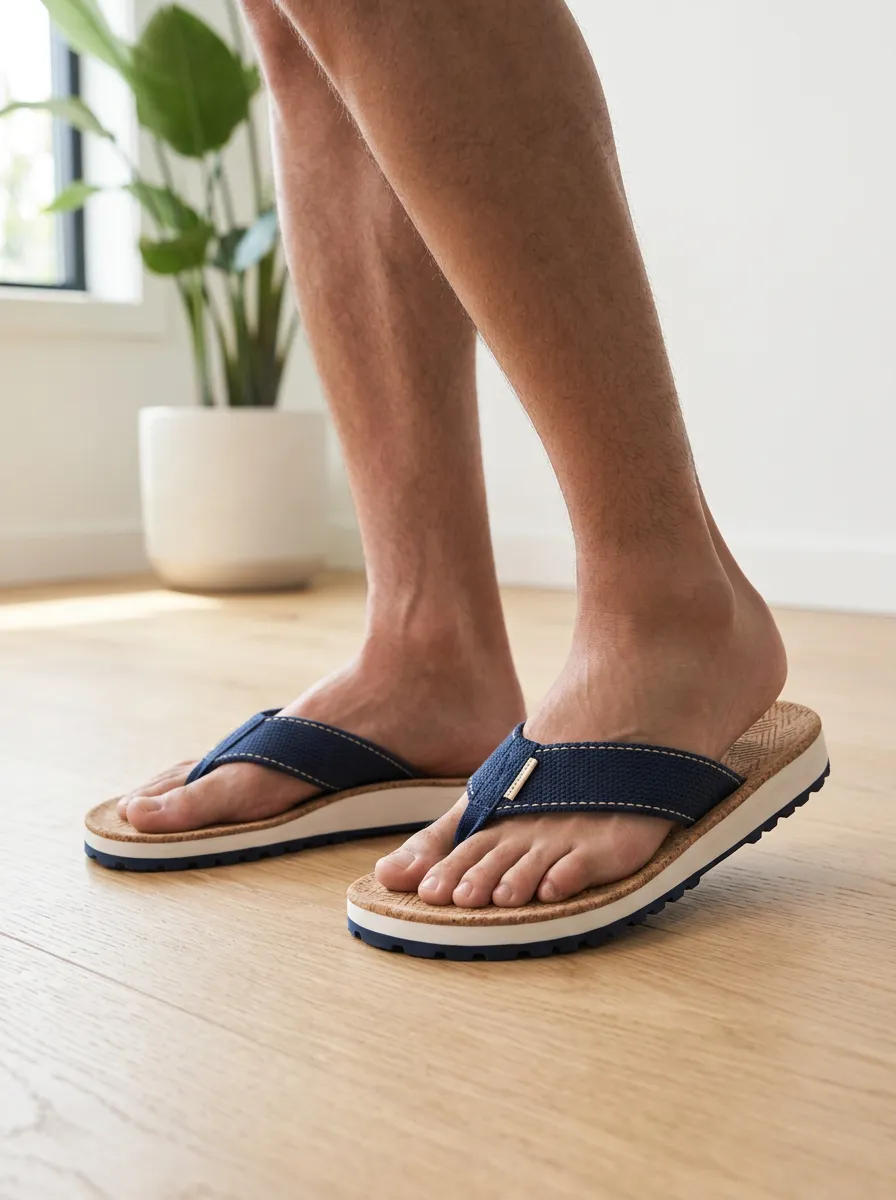 Men's Casual Summer Navy Blue Cork Printed Flip Flops