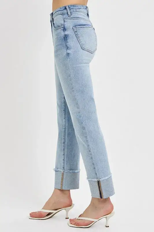 High Waist Straight Leg Cuffed Denim Jeans