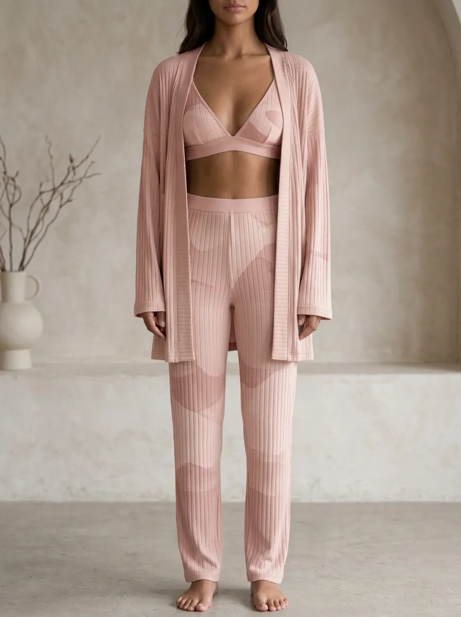 Camouflage Ribbed Cardigan Lounge Set
