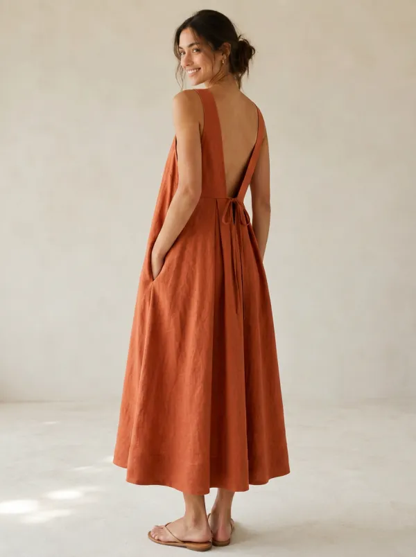Women's Open-Air Casual Linen Midi Backless Dress